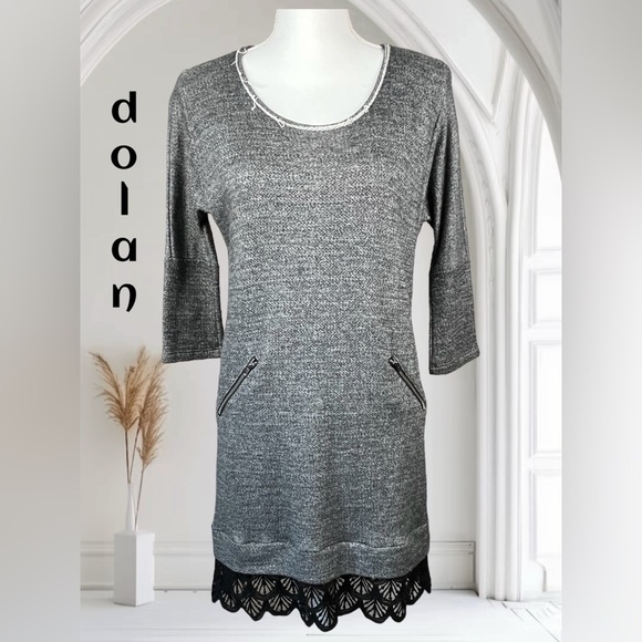 Anthropologie | Dolan | Fiona Gray Knit Black Lace Trim Shift Dress - Picture 2 of 7